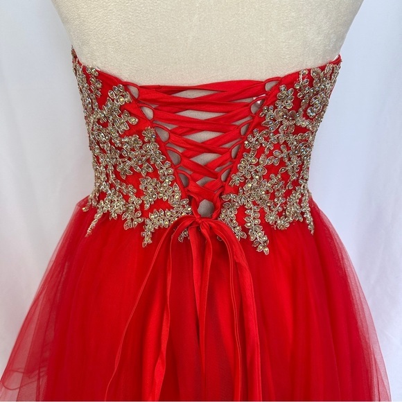 Damas By Tiffany Designs Beaded Dress GownSz Small Tulle Little Red Lace Corset - Picture 6 of 14